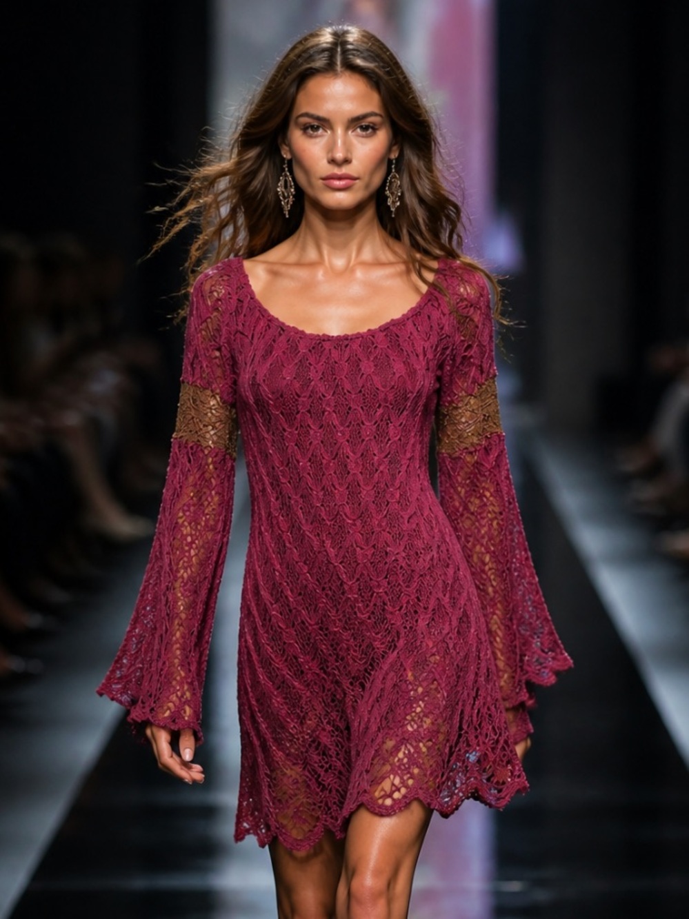 JUDITH MARCH Dress Boho Lace Shift Bell Sleeve Boho Maroon Mini